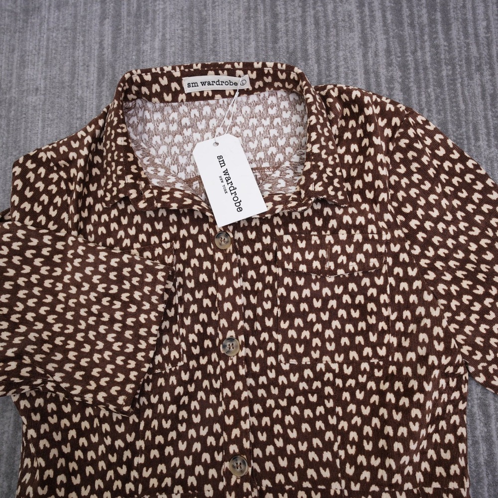 SM Wardrobe Brown Geometric Print Corduroy Shirt Dress Short Sleeve NWT New